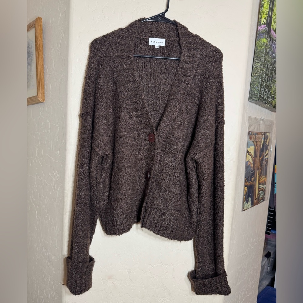 Bella Dahl Brown Bouclé Knit Button Front Cardigan Sweater Cozy Soft M